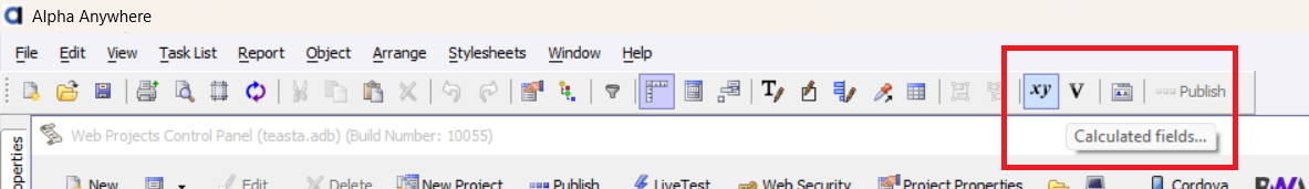 Full toolbar view showing location of XY Icon in Report Window